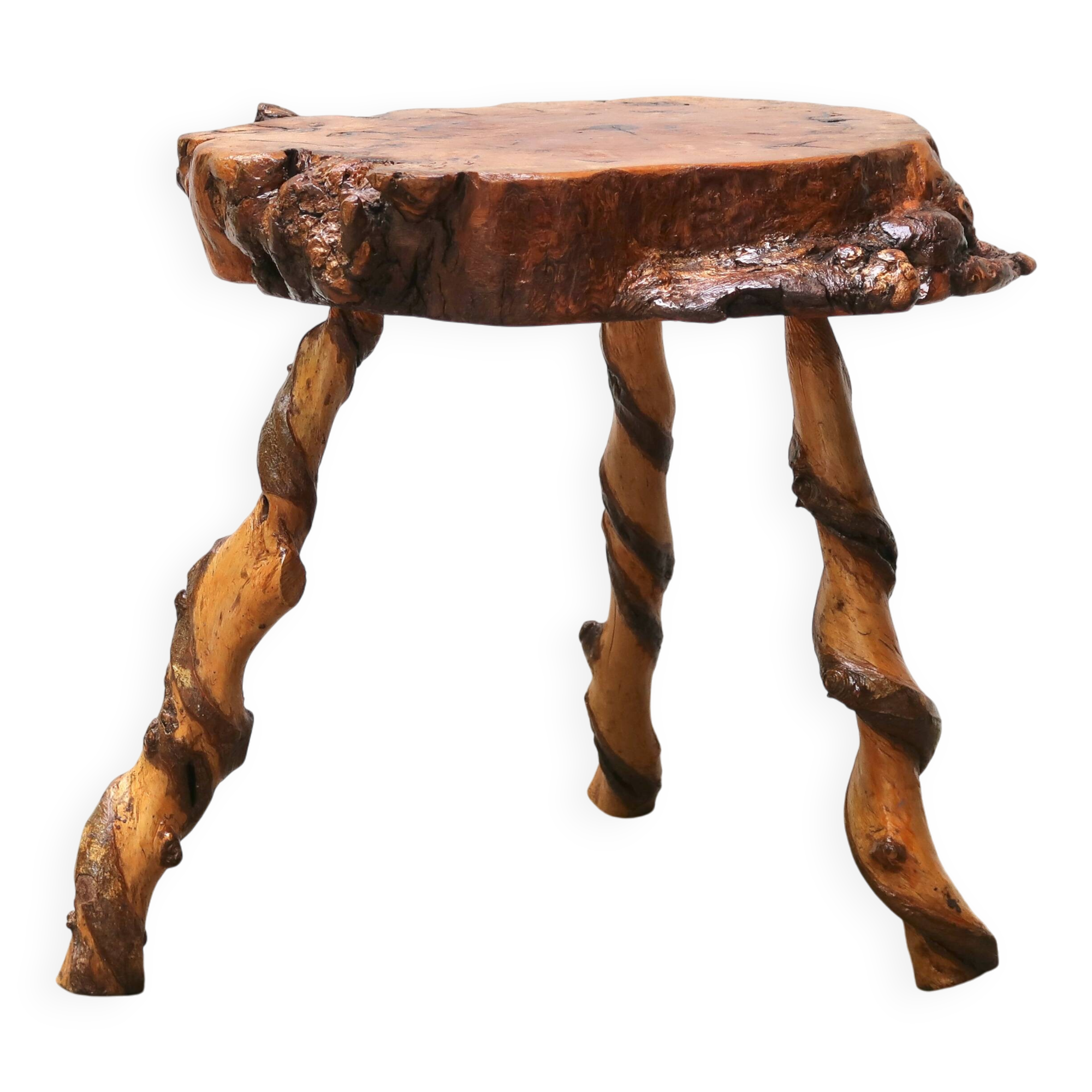 Brutalist tripod wooden side table, 1950s