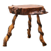 Brutalist tripod wooden side table, 1950s