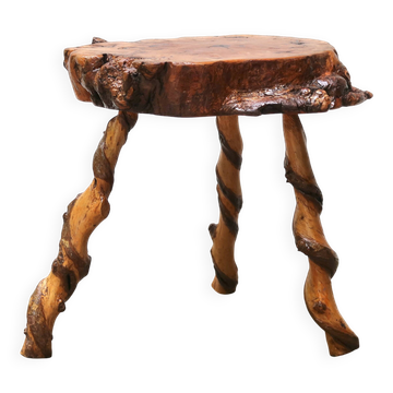 Brutalist tripod wooden side table, 1950s
