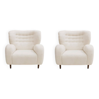 Late 20th Century Wool and Solid Wood Pair of Armchairs, Norway