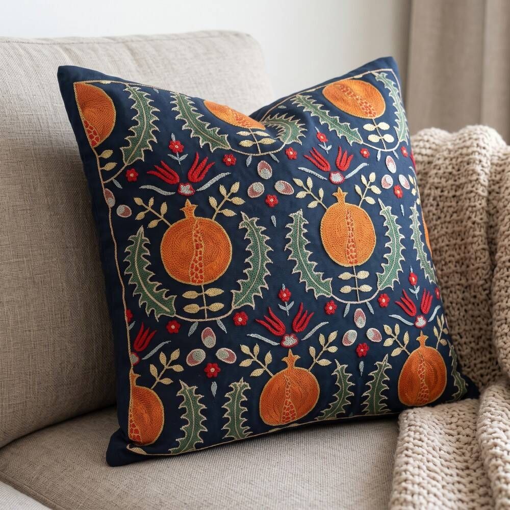 Silk Embroidered Pomegranate Design Cushion Cover. Navy Blue Throw Pillow Case. Traditional Accent Pillow