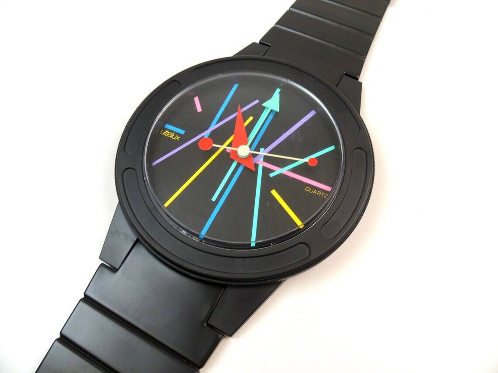 Postmodern Wall Clock in wrist watch shape Pop Art by Ultralux Swiss XL Memphis Age