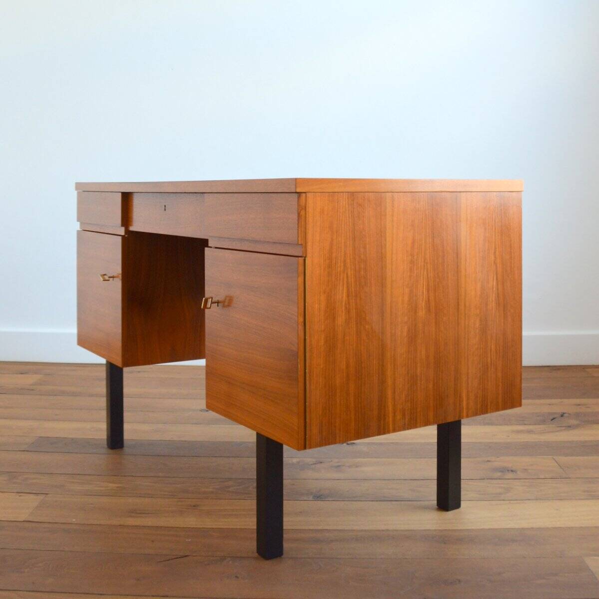 Scandinavian teak desk 2 pedestals 3 drawers 1960s