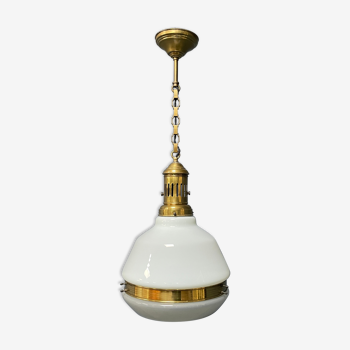 Antique two tone brass with opaline glass pendant lamp