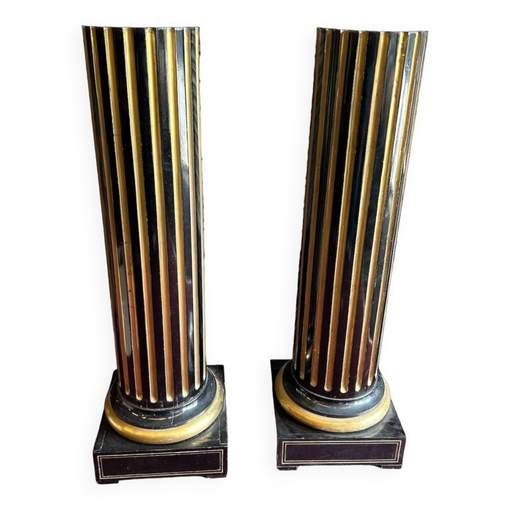 Rare Pair Of Sheaths - Truncated Columns From Napoleon III Period Lacquered Wood And Brass H 144 Cm