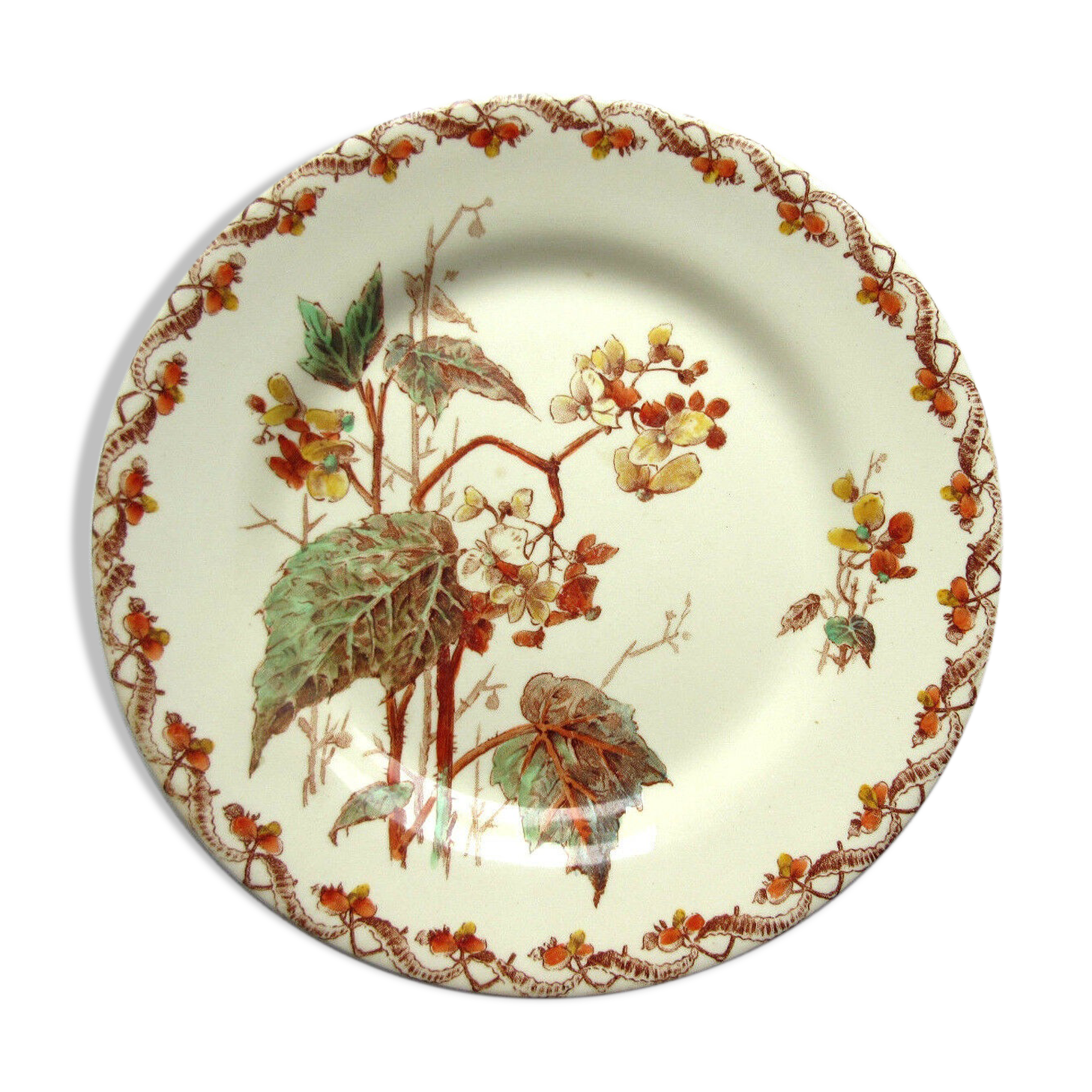 Art Nouveau plate, GIEN polychrome opaque porcelain, Bégonias