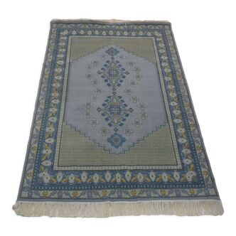 Tapis vintage oriental tunisien bleu, tissé à a la main en laine