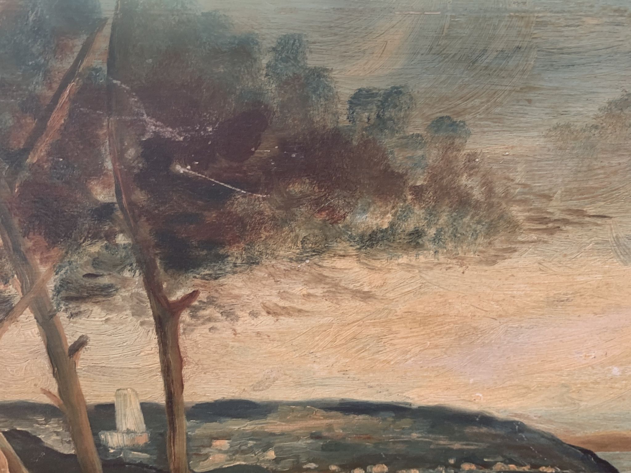 Painting on wood landscape by the water
