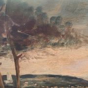 Painting on wood landscape by the water