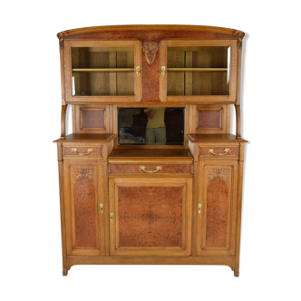 Art Nouveau buffet in oak and magnifying glass, model with plane tree, circa 1910