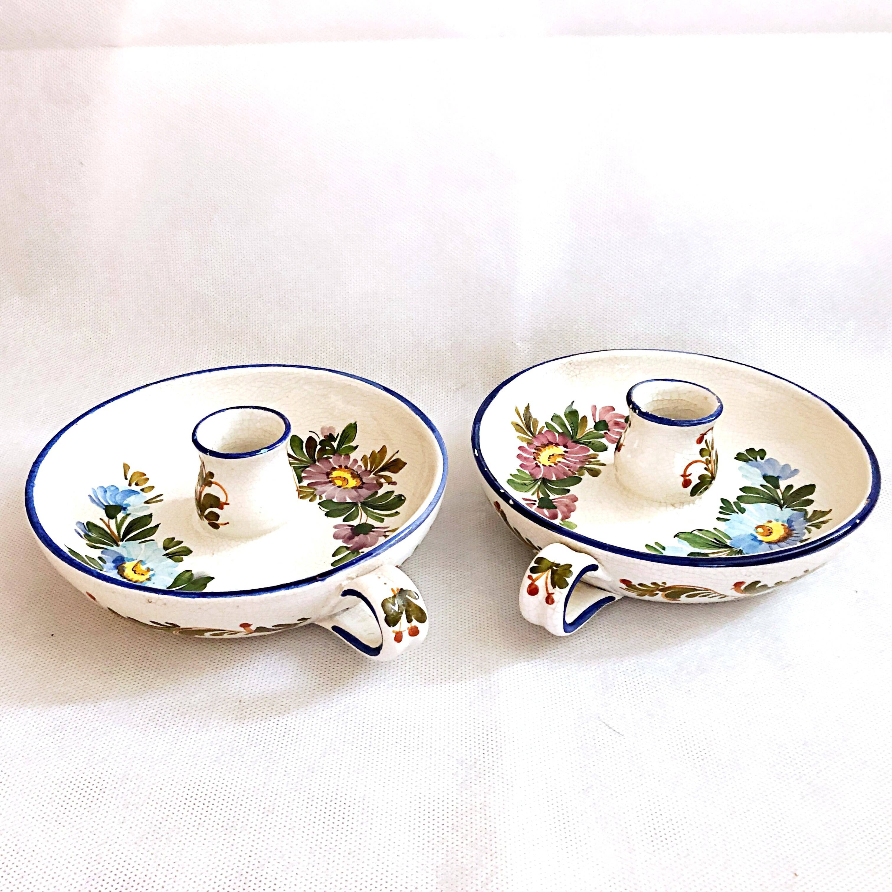 Pair of handmade cracked earthenware hand candlesticks signed Bassano Italy