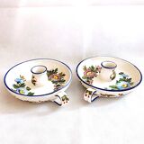 Pair of handmade cracked earthenware hand candlesticks signed Bassano Italy