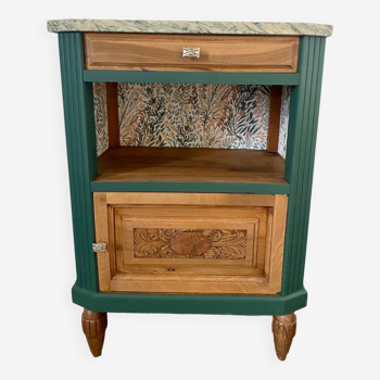 Bedside table, Art Deco style side piece revamped in pine forest green and wood