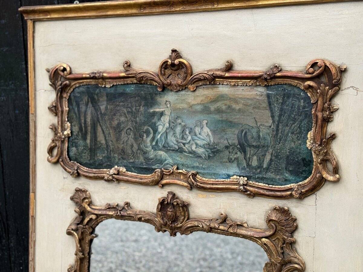 Fireplace Mirror Or Trumeau, Oil On Canvas And Gilded Wood, 18th Century