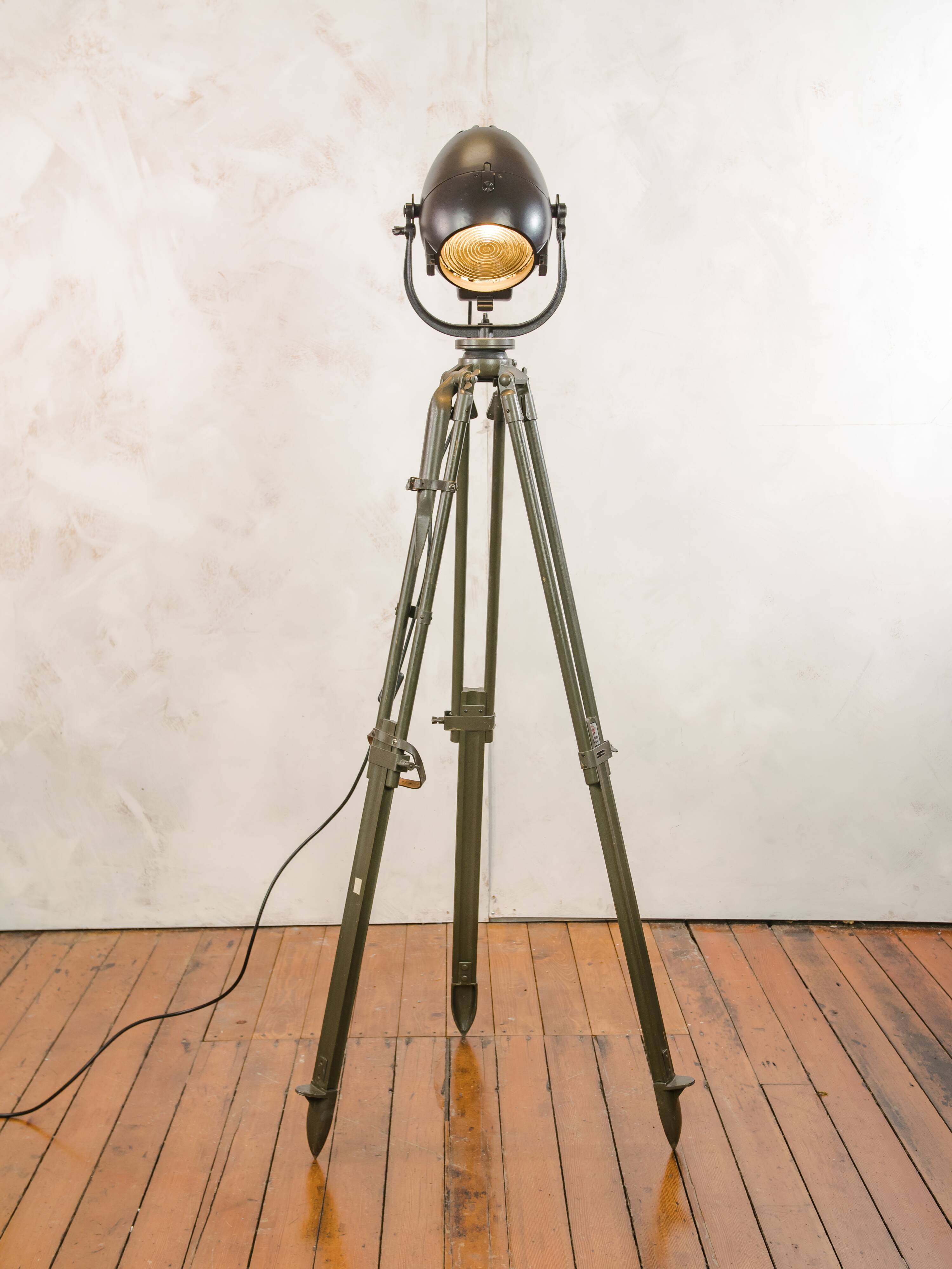Vintage 1950s Strand Electric Patt 123 Theatre lamp on an old Wooden Army Surveyors Tripod