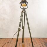 Vintage 1950s Strand Electric Patt 123 Theatre lamp on an old Wooden Army Surveyors Tripod