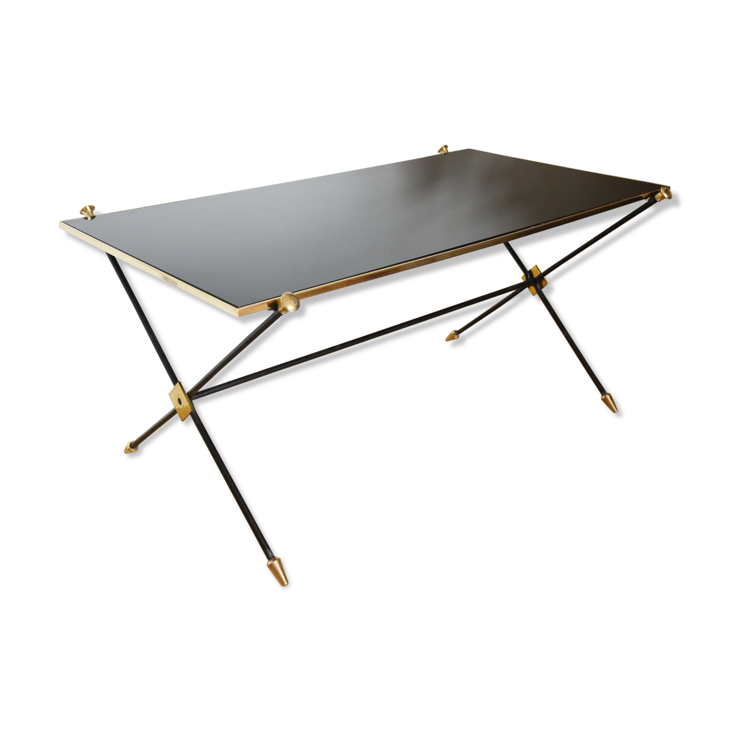 Black glass and brass coffee table in the 1960s