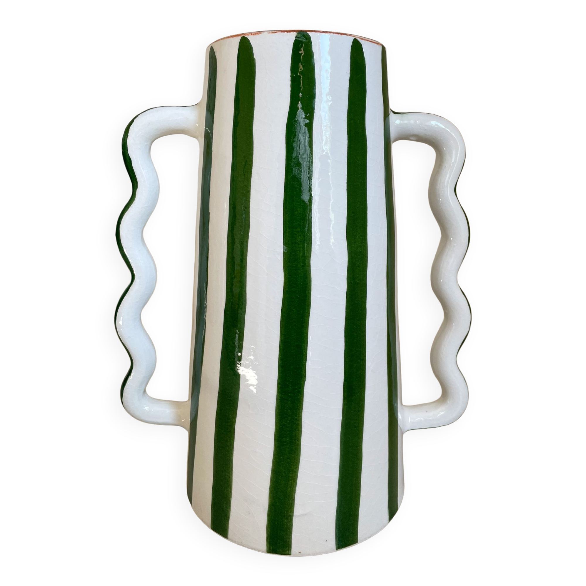 Green and white striped ceramic vase with abstract handmade corrugated handheld