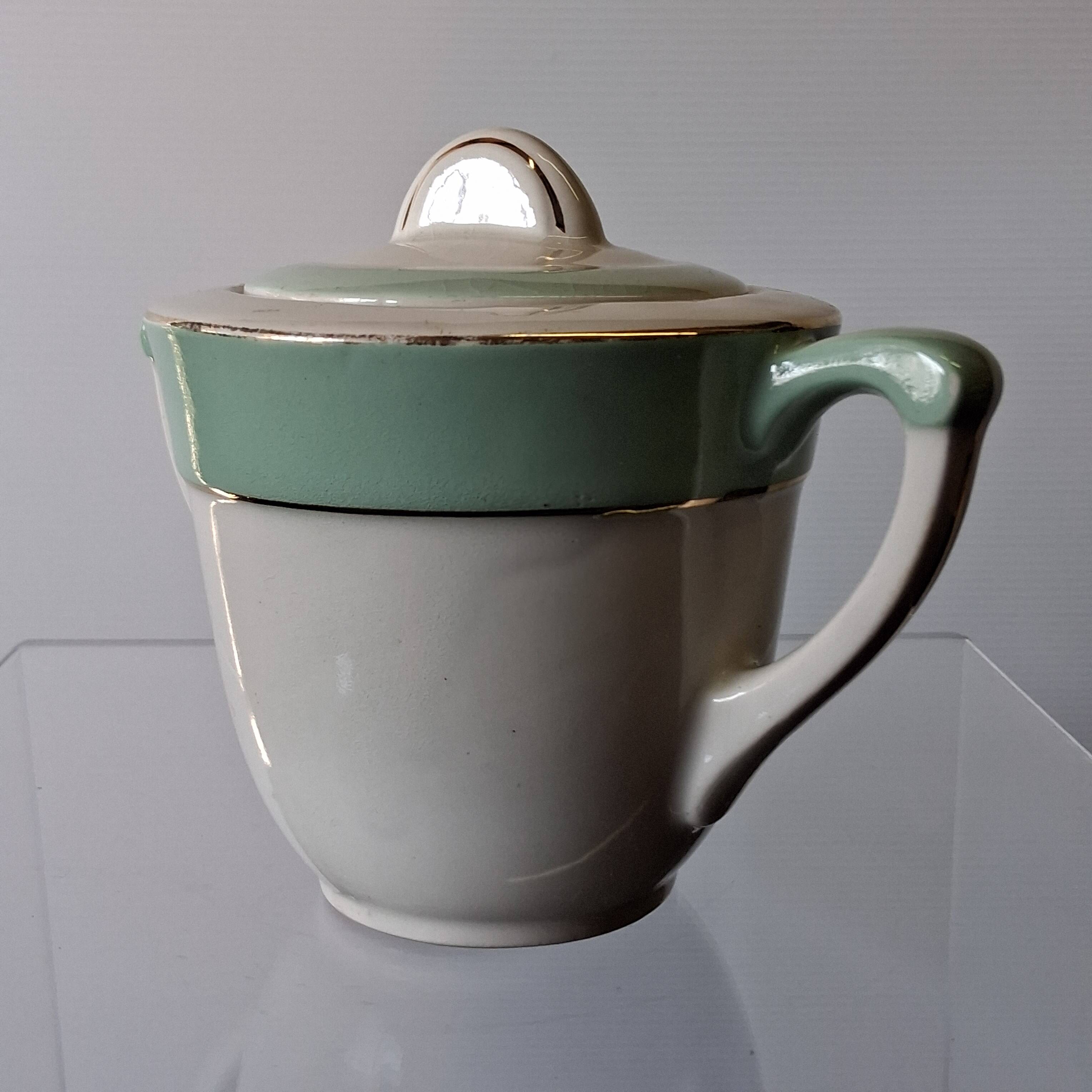 Old mint green sugar bowl from Moulin des Loups, model "Gondé", in good condition.