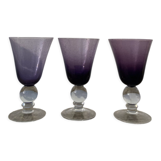 Trio of purple stemmed glasses Biot bubbled