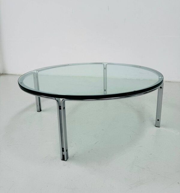 Table basse ronde vintage en verre et acier, signée Horst Brüning pour Kill International, années 1960