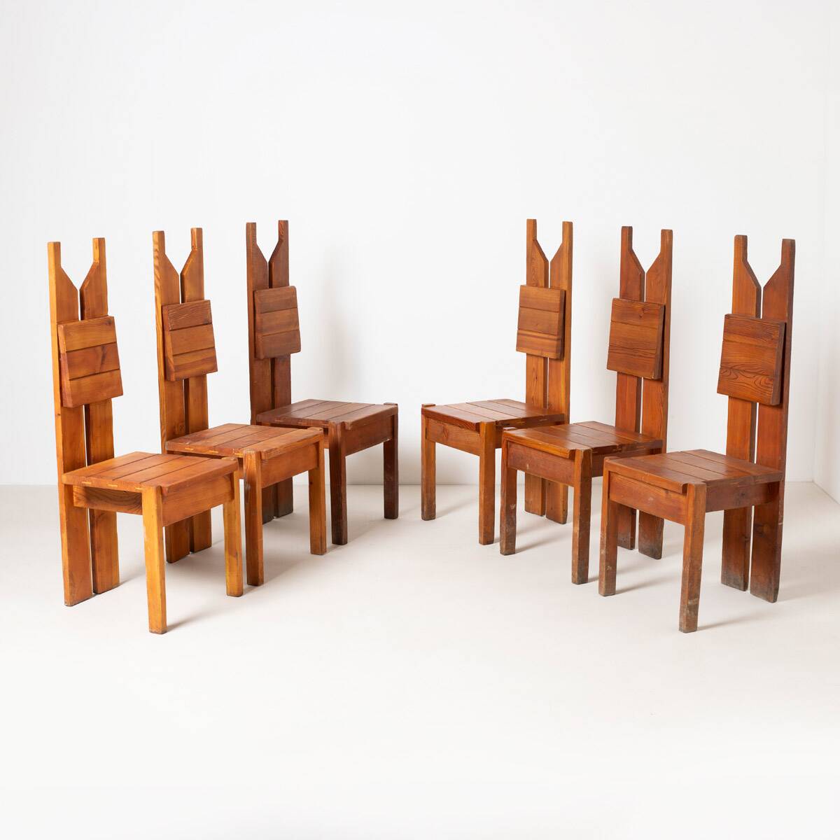 Unique architect designed brutalist set of 6 dining chairs in pine, Czechos