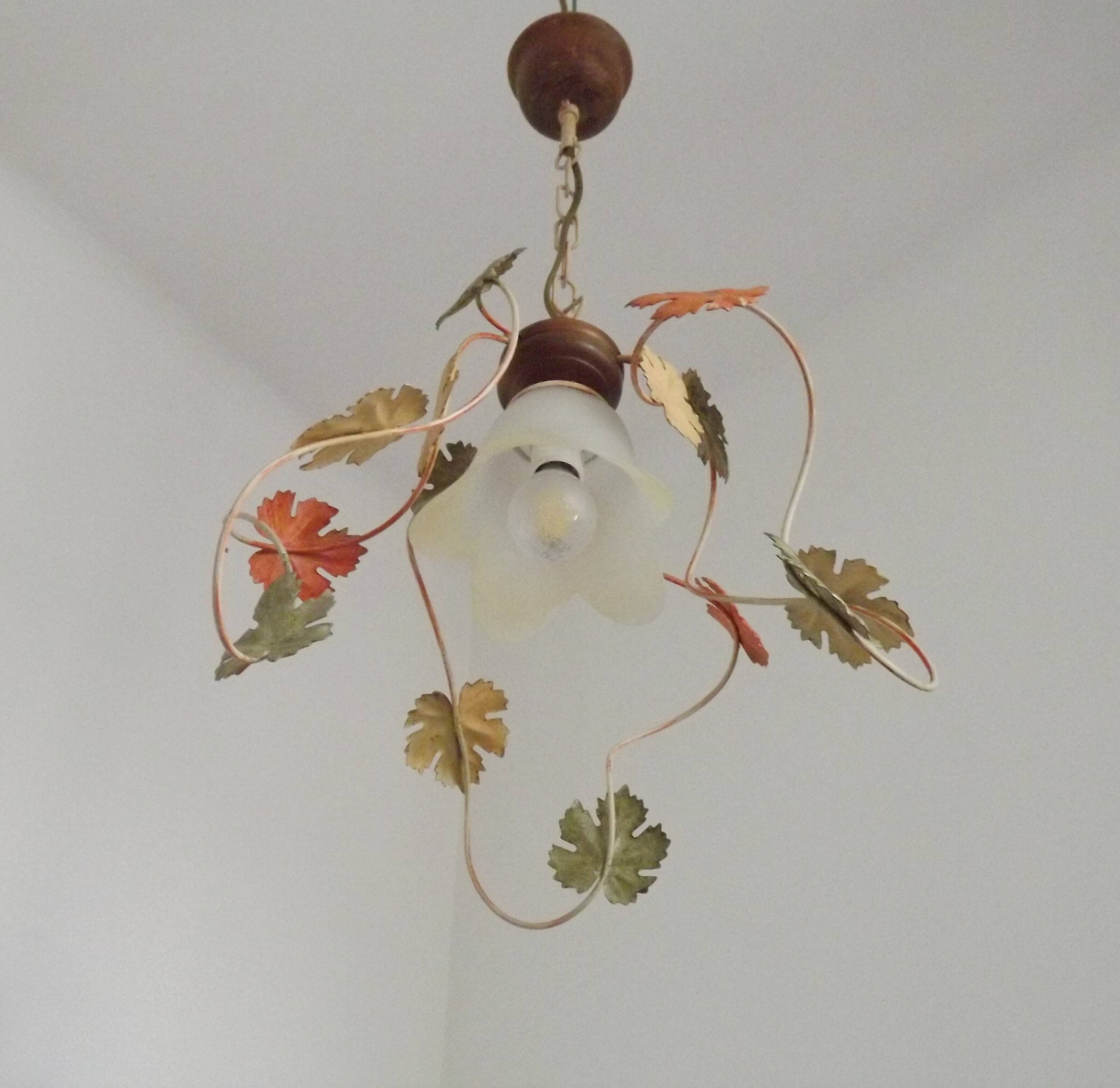 French Vintage Leaf Metal and Wood Hanging Light Textured Glass Shade