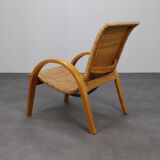 Rare Armchair in Wood and Woven Rattan, 1960s