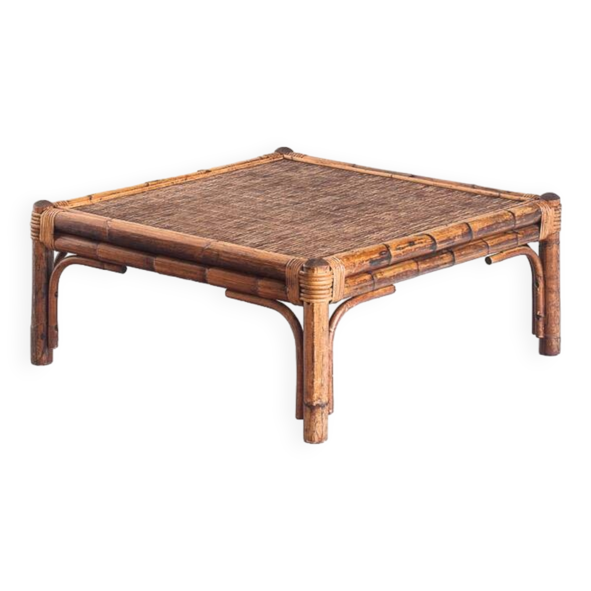 Vintage rattan and cane coffee table. France, 1970s