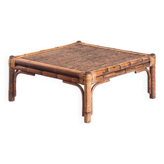Vintage rattan and cane coffee table. France, 1970s