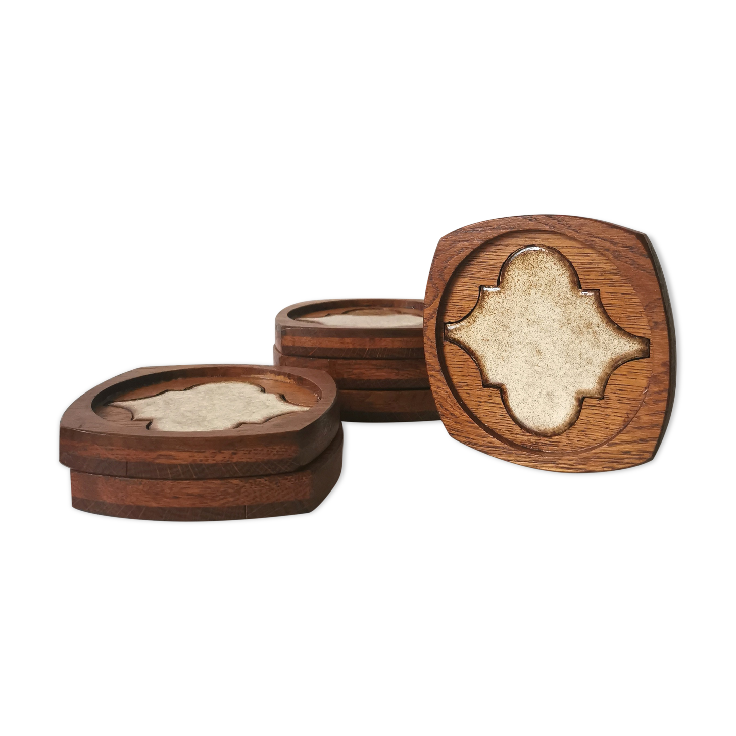 6 oak and ceramic coasters, 1950