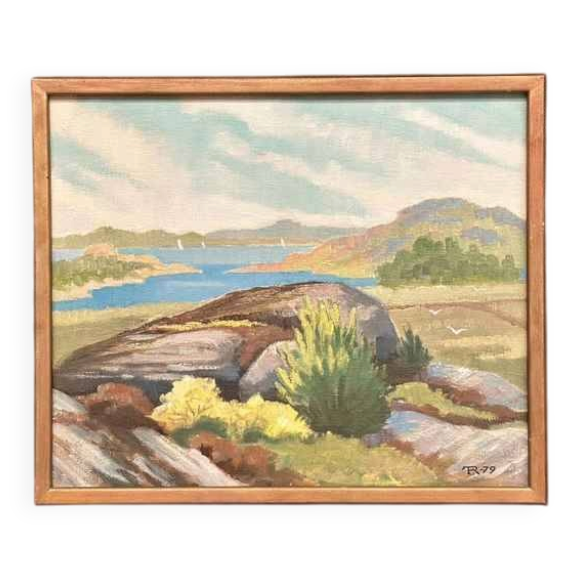 Huile sur toile originale suédoise – “Côte” par R, 1979 – Vintage et encadrée – 50 × 42 cm (19,7" × 16,5")