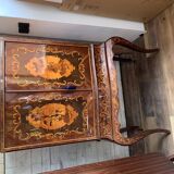 Vintage Italian brown wooden cocktail bar cabinet with inlaid marquetry from the 1950s.