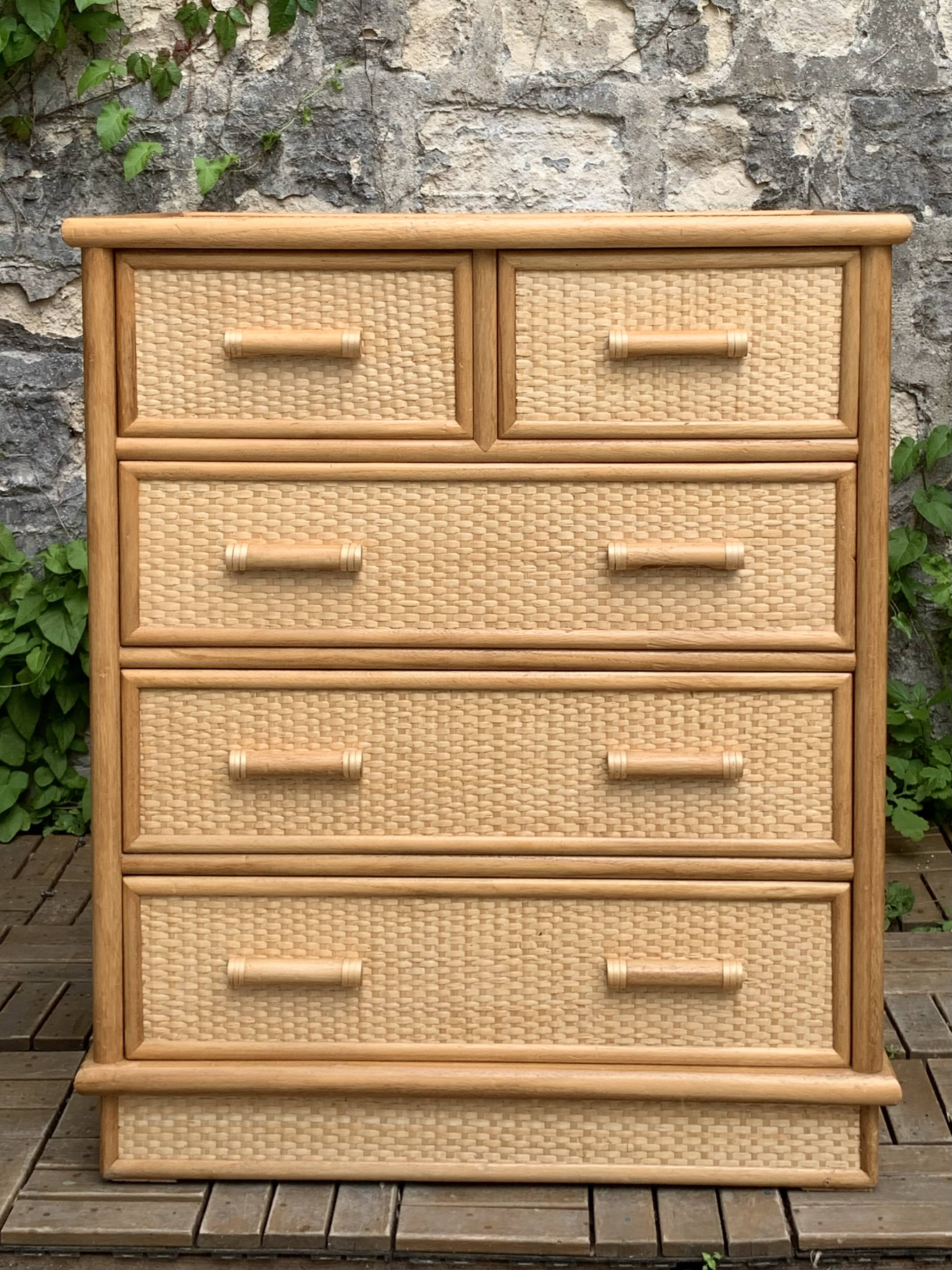 Vintage rattan and woven wicker chest of drawers 1970