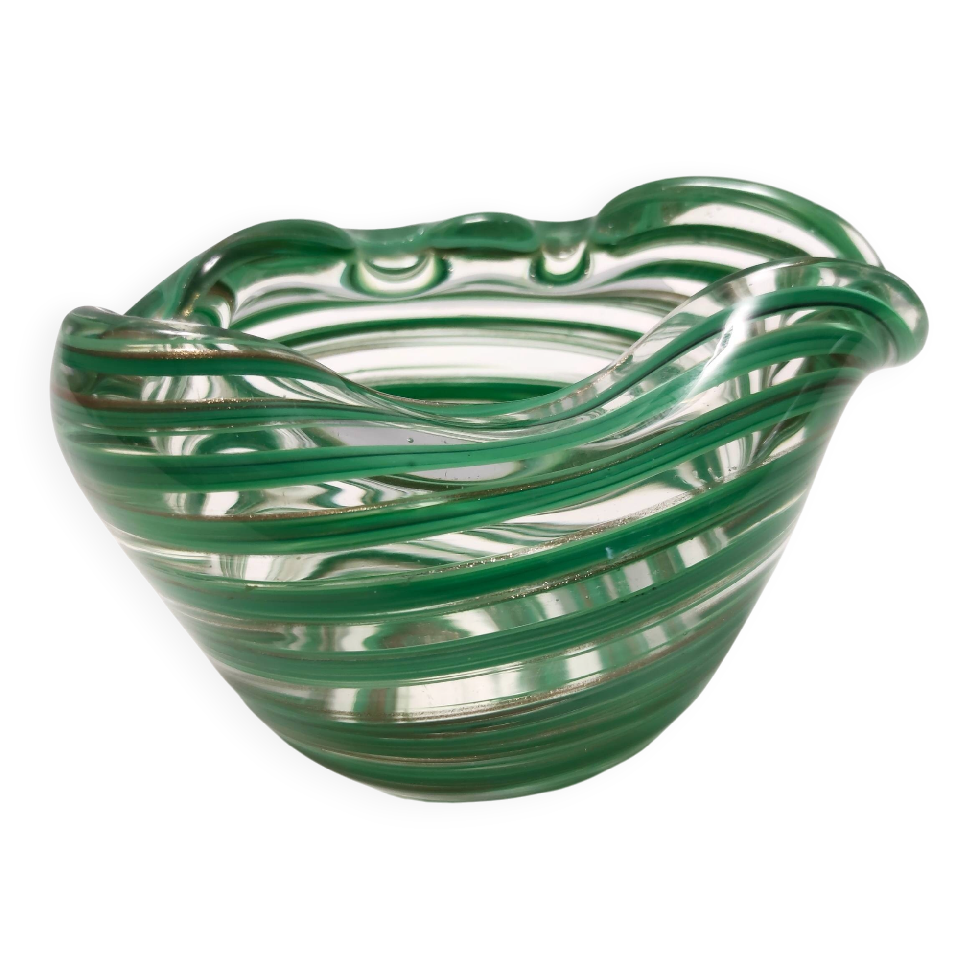 Murano Glass Bowl or Ashtray with Green Canes and Aventurine Glass, Italy