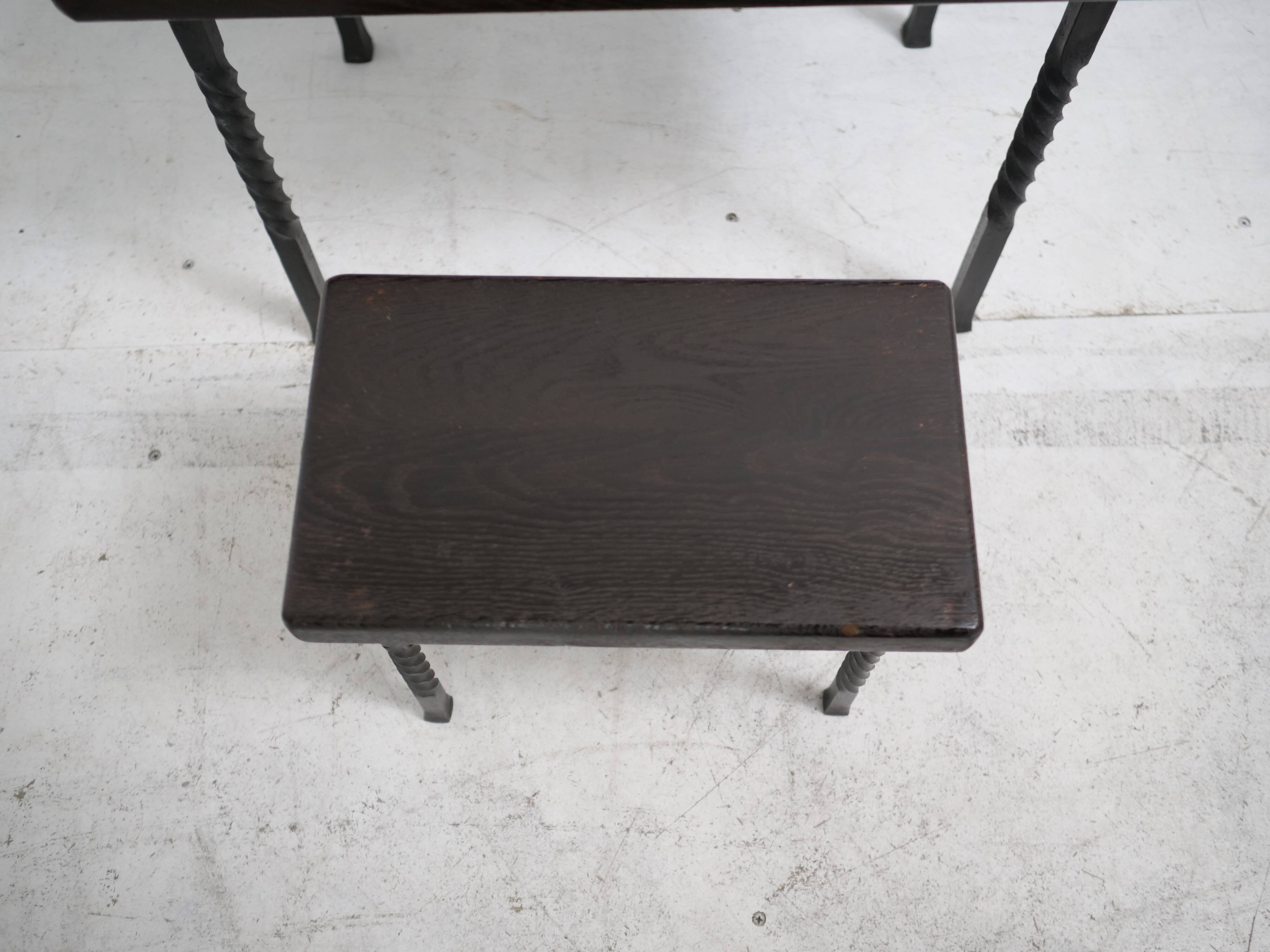 Brutalist nesting table in ebonized oak and wrought iron