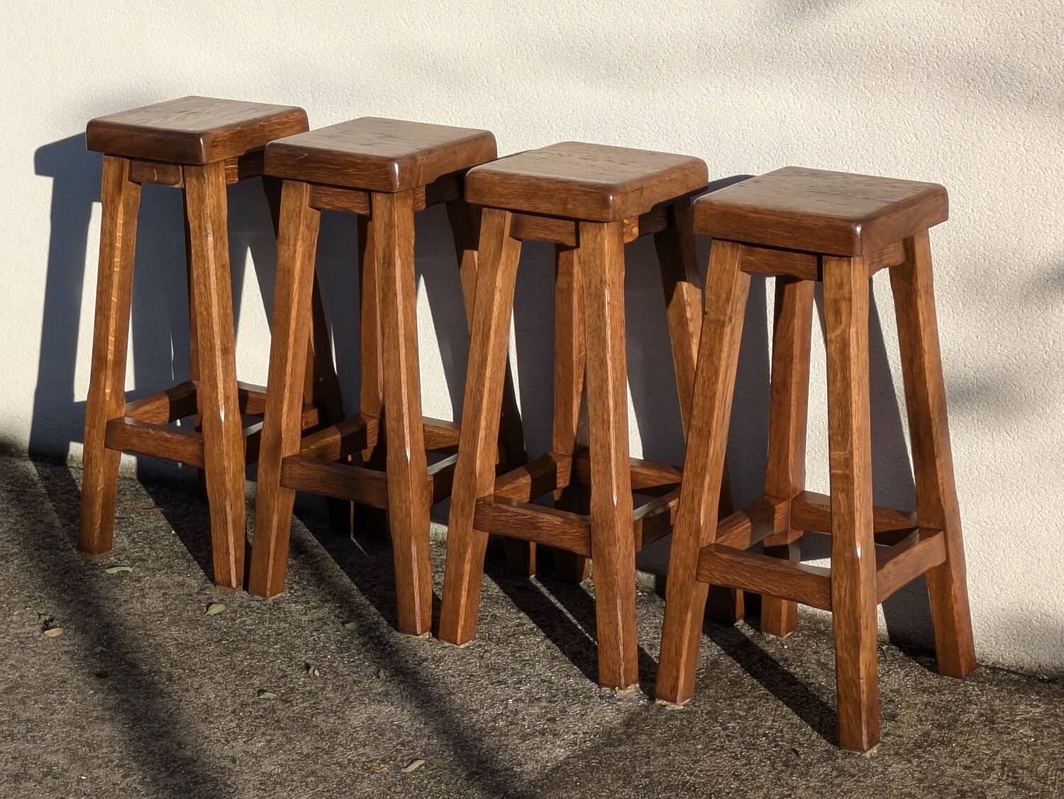 4 Bar Stools, Brutalist Solid Wood Vintage