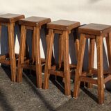4 Bar Stools, Brutalist Solid Wood Vintage