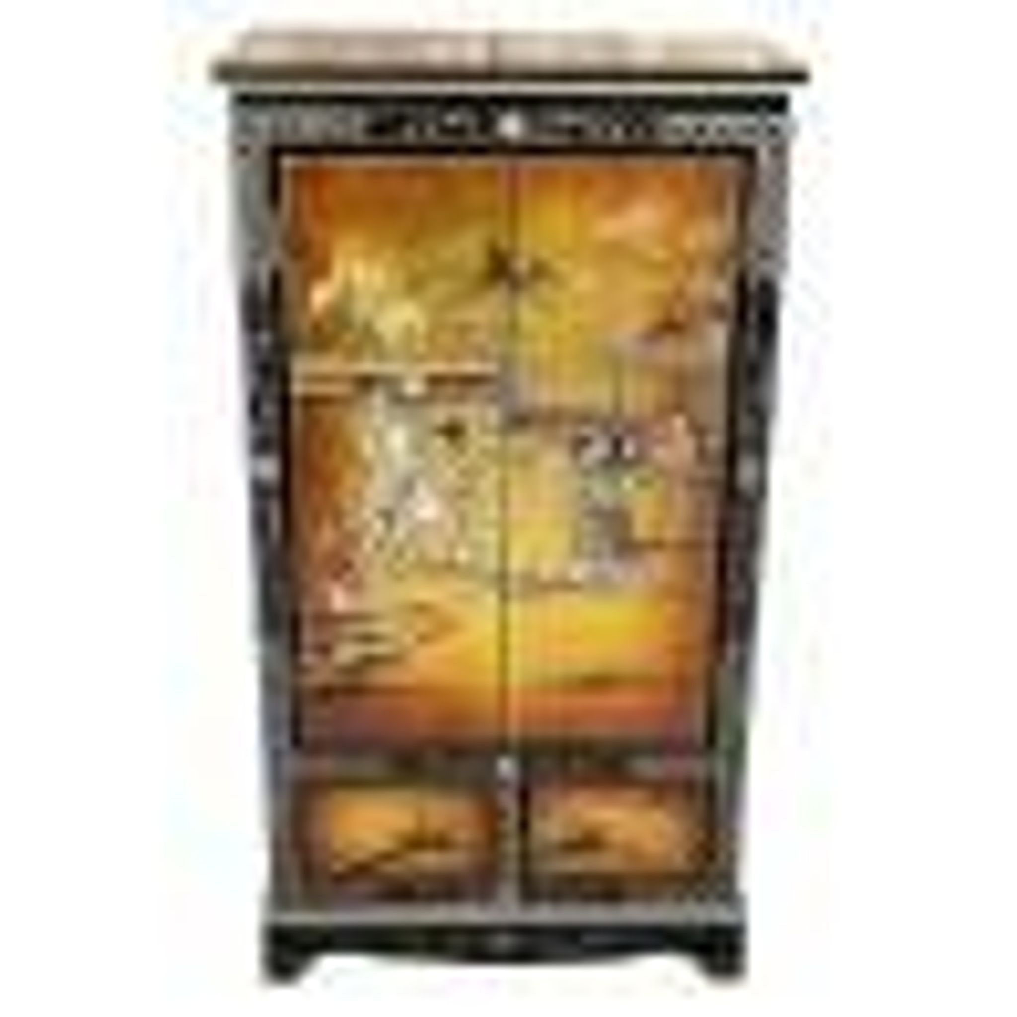 Lacquered golden Chinese wardrobe with painted figures.