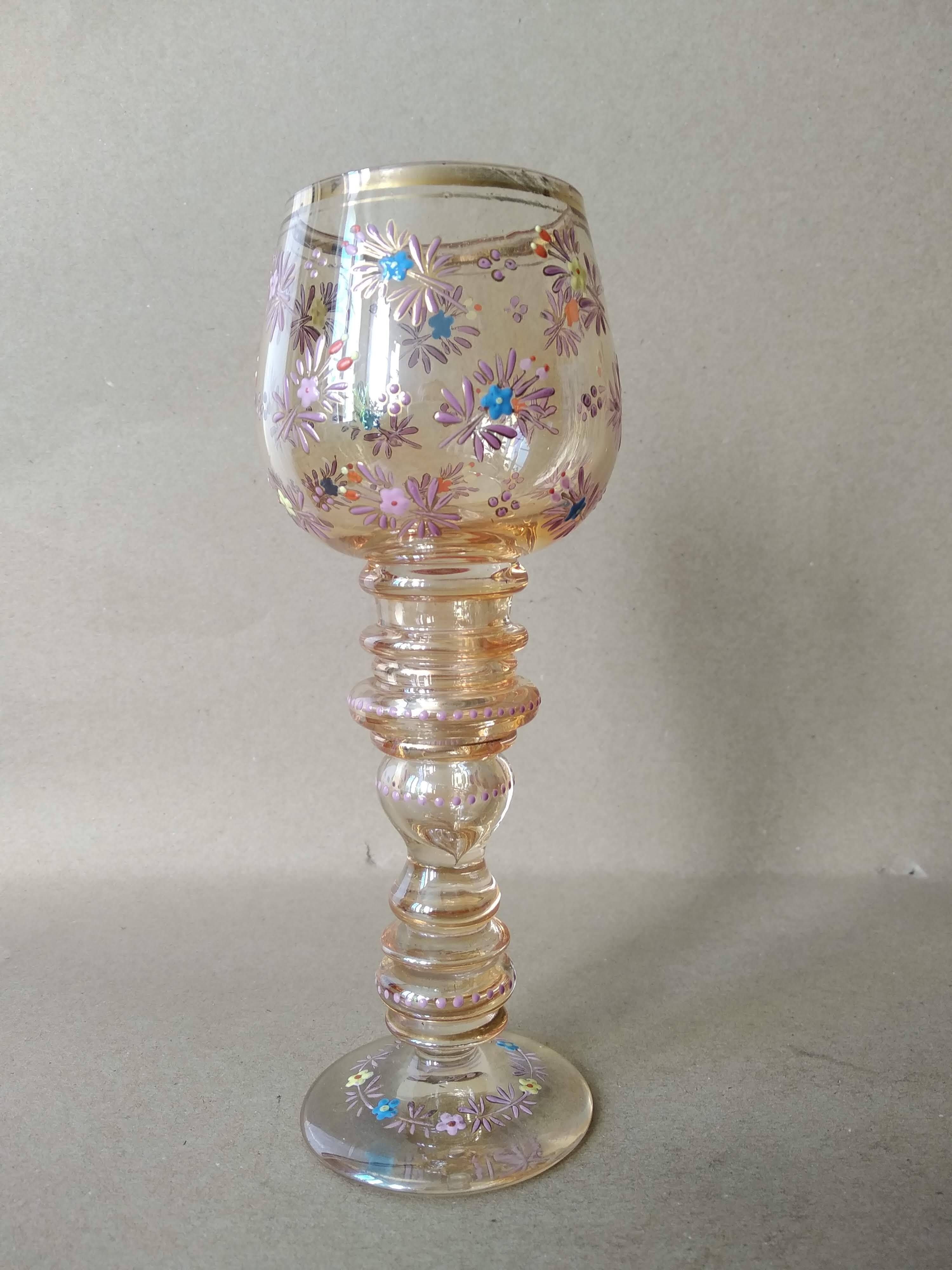 Roemer wine glass in blown enamelled glass, 19th century