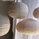 Large round pink Japanese-style suspension made of rattan and natural linen D60.
