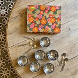 Vintage ice cream service, stainless steel cups and spoons