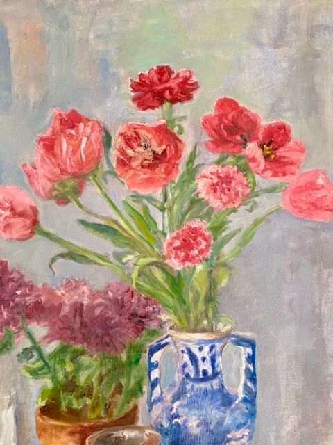 Ancient painting, still life in vase, flower pot and pitcher, signed, 20th century