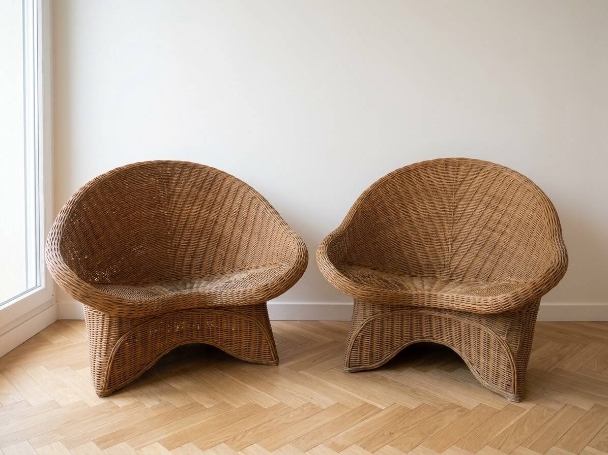 2 vintage Lotus Meditation chairs in wicker and bamboo.