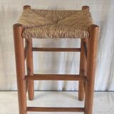 High stool in solid wood and straw - mid. 20th century
