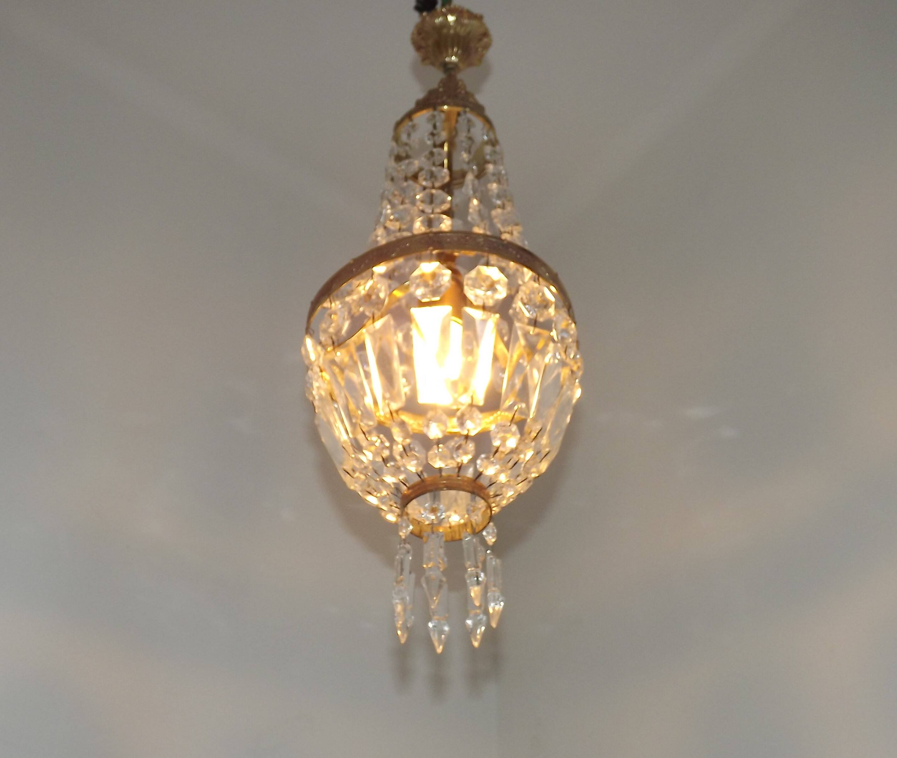 French Empire Style Bronze Single Montgolfier Crystal Basket Chandelier