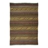 Kilim Oushak vintage rayé géométrique vert et beige 231 x 159 cm