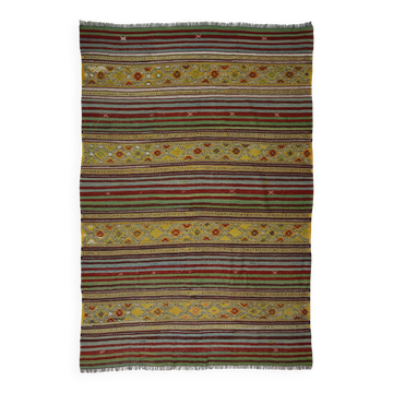 Kilim Oushak vintage striped geometric green and beige 231 x 159 cm