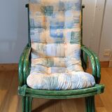 Large vintage green bamboo rattan armchair from Gâtinais with cushion