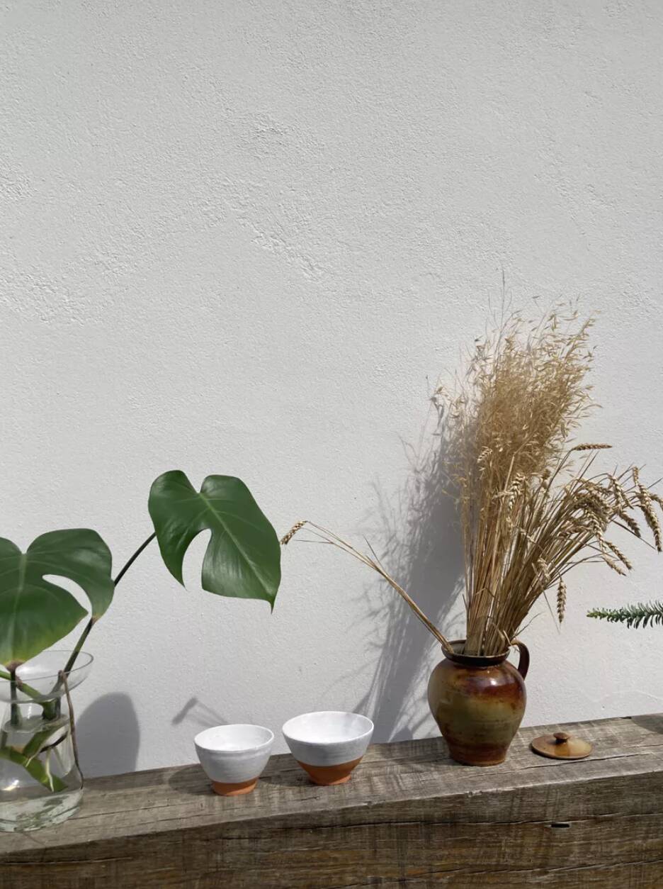 Duo of white ceramic pottery bowls wabi sabi